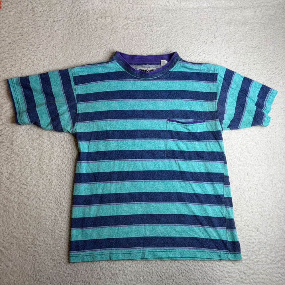Vintage Tomato Striped Pocket T-Shirt Mens Medium Teal Navy Blue 90s Surf Skate